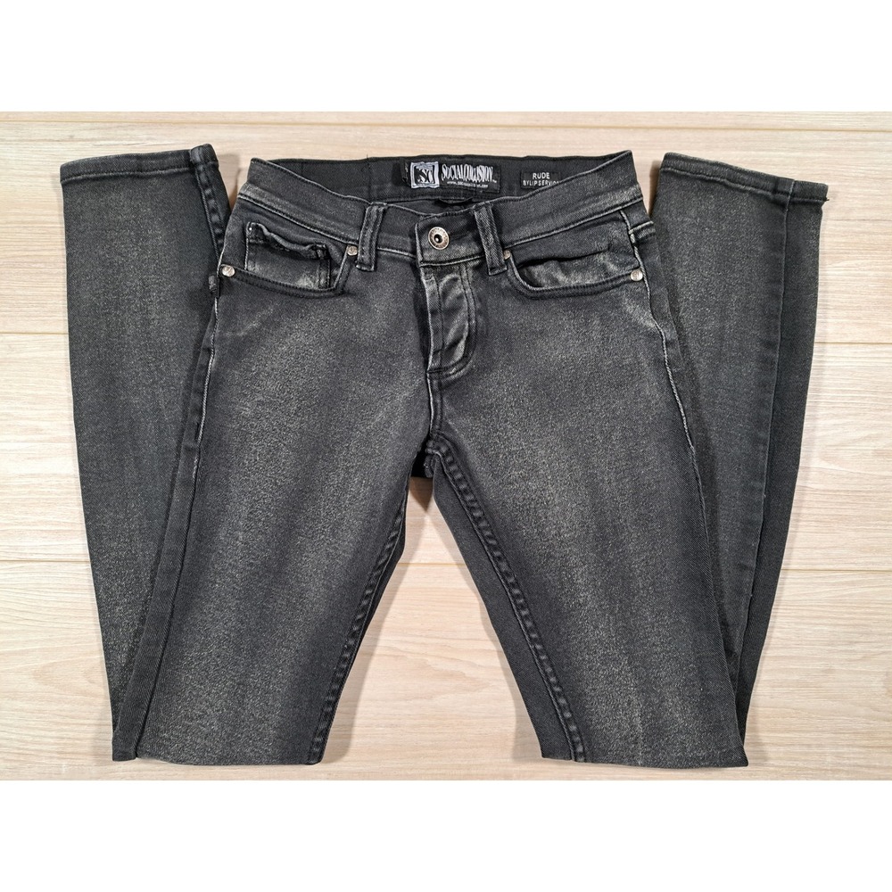 Social Collision Rude by Lip Service Black Skinny Jeans Faded Metallic 26x32